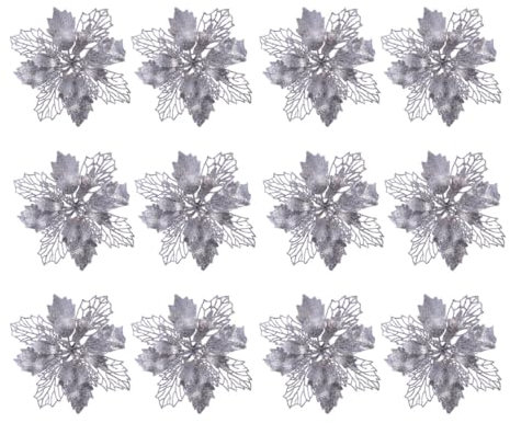 12 stücke Glitter weihnachtsstern künstliche weihnachtsstern künstliche weihnachtsbaumschmuck Ornamente (Silber)
