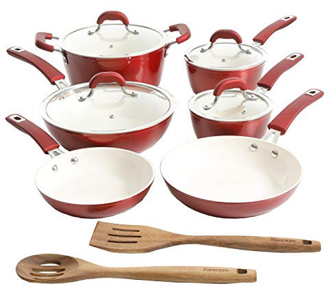 Gibson Arlington - Set di pentole antiaderenti in alluminio rivestito in ceramica, colore: rosso metallizzato