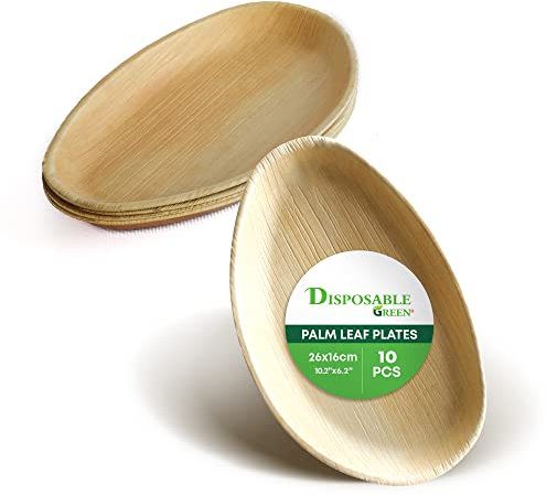 DISPOSABLE GREEN - Egg Shape Disposable Serving Dishes, Areca Serving Tray, Serving Platter for Parties, Weddings, Catering & More, Serving Plate for Hot & Cold Food, 26L x 16W x 2.5D cm, 10-pcs