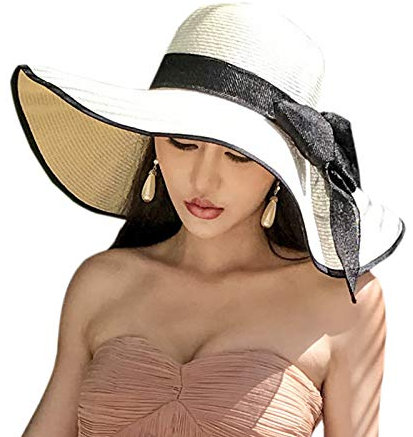 WSLCN Femme Chapeau de Soleil en Paille à Bord Large Capeline Pliable Plage Eté Anti-UV Décoration de Ruban Blanc (Bordure noire)