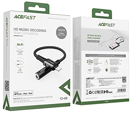 Acefast C1-05 - Enchufe Lightning a CC de 3,5 mm, certificado MFI, cable adaptador de auriculares de aleación de aluminio (0,18 m), compatible con HiFi de Apple, compatible con iPhone 13/12/11/X/8/7/6