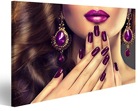 Bild auf Leinwand Luxus Mode Stil Nägel Maniküre Kosmetik Make Up Und Lockiges Haar Wandbild Poster Kunstdruck Bilder