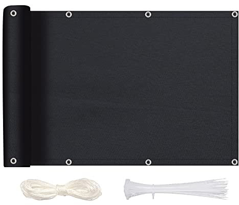MEEYI Sichtschutz Balkon Sichtschutz 80x850cm, Balkonbespannung Blickdichte Wind- und UV-Schutz Wetterfest 100% Privatsphäre Balkonverkleidung mit Ösen, Nylon Kabelbinder und Kordel, Schwarz