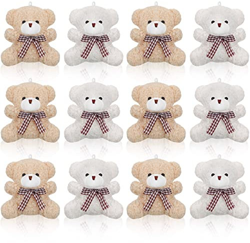 Zomiboo 12 Stück 4 Zoll Plüsch Mini Ostern Dekoration Kuscheltiere Weiche Gliederpuppe Spielzeug Kleine Pelzige Puppen für Baby Shower DIY Schlüsselanhänger Taschen Deko (Bär, Aprikose und Weiß)