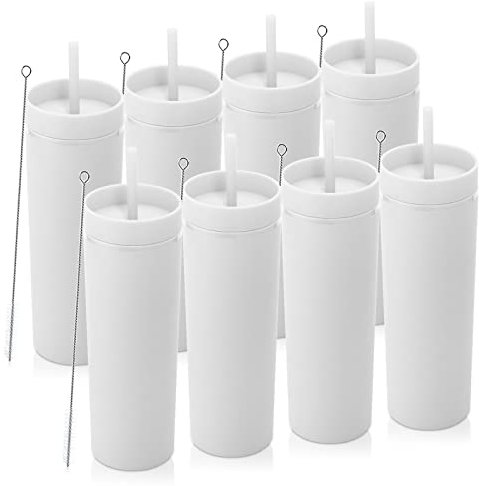 Volhoply 600ml Tumbler en Plastique Réutilisables Lot de 8,Tasse en Plastique à Double Paroi avec Couvercle et Paille,Gobelets à Café en Acrylique de Matte Libre BPA pour Soirées,Cadeaux(Blanc,8 Set)