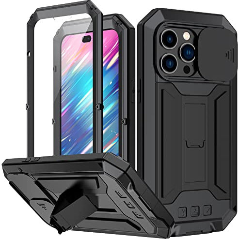 RUEBCOAK Metal Case for iPhone 14 Pro Max, Heavy Duty Military Metal Bumper Case with Built-in Screen Kickstand, Slide Camera Lens Protector, Dust/Shockproof Full Body Case (Black)