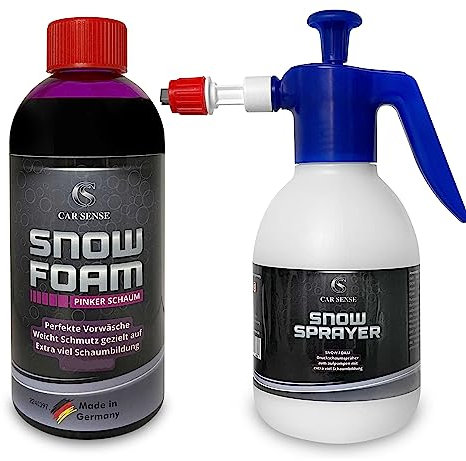 Car Sense Snow Foam pinker Schaum 0,5L und Car Sense Snow Sprayer Pumpflasche I gründlicher Auto Schaumreiniger I Perfekt geeignet für eine effektive Vorwäsche, dichter gut riechender Schaum