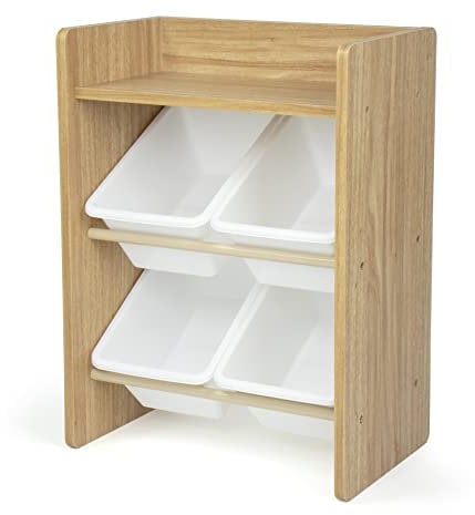 Humble Crew Journey Small Wooden ToyShelf Storage Organiser for Children, with 4 BPA Free Plastic Removeable Storage Bins, Ideal for Storing Toys, Games, Books and Craft Supplies - Natural Wood/White