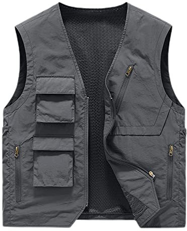 BREEWO Casual Weste Herren V-Ausschnitt Reißverschlussleiste Taschen Weste Herren Ärmellos Atmungsaktiv Sommer Weste Herren Outdoor Angeln Fotografie Einfarbig Weste Herren N-Light Grey 3XL