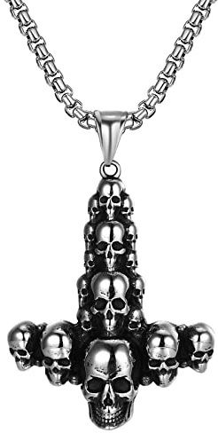 JewelryWe Schmuck Retro Halskette Herren Punk Totenkopf Schädel Kreuz Edelstahl Anhänger mit Kette Geschenk für Männer Silber