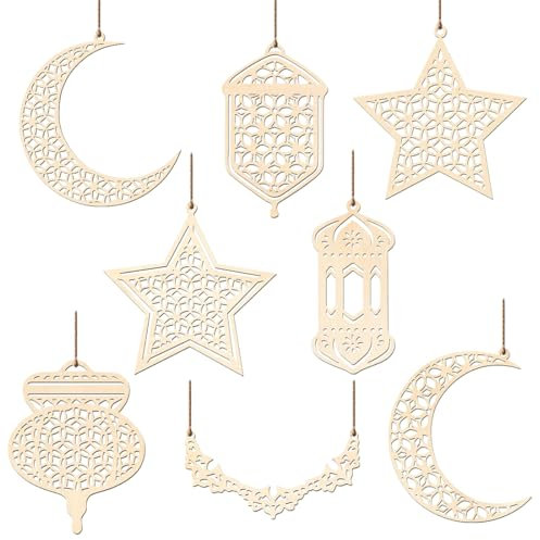 O-Kinee 9 Stück Holz Anhänger Ramadan, Ramadan Kareem Dekoration, Mond Stern Wind Licht Form Holzanhänger für Muslim Ramadan Eid Mubarak Eid Party Dekorationen