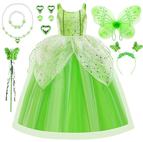 Tinkerbell Costume Filles, Fée Princesse Robe de Fee Verte avec Ailes de Papillon, Enfants Filles Fée Costume Princesse Robe pour Enfants 2-12 ans Fête D'anniversaire Carnaval Cosplay Noël (110cm)