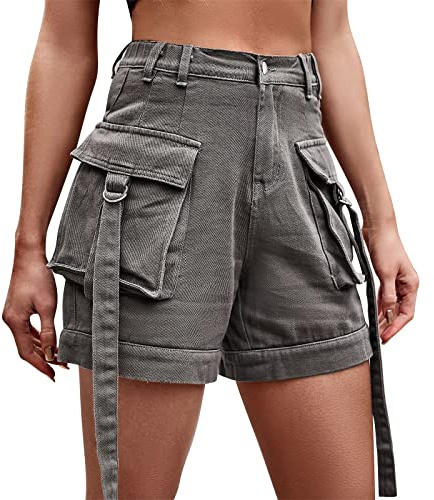Odizli Jeans Shorts Damen Y2K Cargo Kurze Hose Frauen Denim Vintage Sexy High Waist Hotpants Sommer Casual Rave Festival Streetwear mit Taschen Grau M
