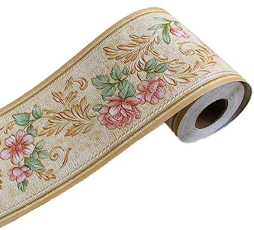 DHHOUSE 3D Beige Flower Wallpaper Border, Peel and Stick Wall Border for Ceiling Bathroom Living Room 10cm by 5meter (Beige Style)