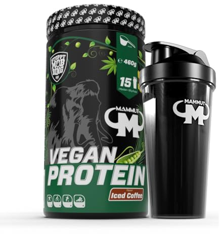 460 g Vegan Protein Shake - Pflanzliches Mehrkomponenten Proteinpulver von Mammut - Set (Eiskaffee, Protein Shaker)
