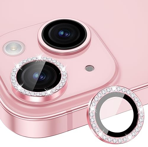 Xfilm Camera Lens Protector Compatible for iPhone 15/15 Plus Bling, Individual Metal Diamond Ring 9H Hardness Scratchproof Protector, Stylish Accessories, Case Friendly (Pink Diamond)