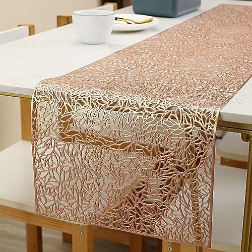 Hosoncovy Hollow Table Runner Non-slip Decorative PVC Table Mats Placemat Heat Resistant Mats for Home Party Kitchen Dining Wedding Decor (150CM X 30CM) (Rose Gold)