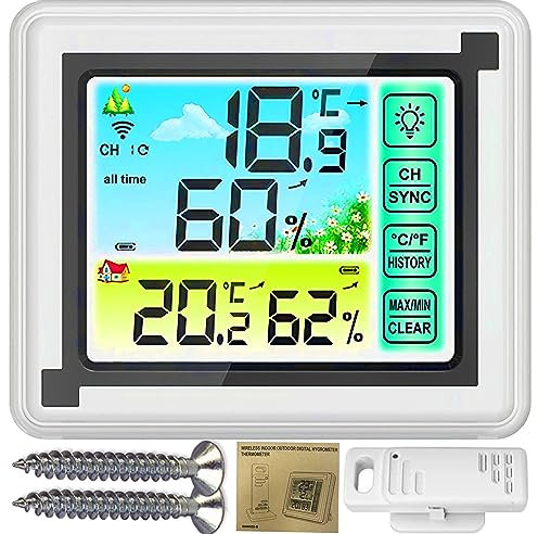 Retoo Funkwetterstation Wetterstation, Digital Farbdisplay Innen und Außen Thermometer Hygrometer und Funk-Außensensor, Wettervorhersage mit Außensensor, Luftfeuchte 20%-95% 114x24x96mm, Weiss