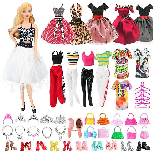 53 Pcs Doll Clothing and Accessories Compatible with Doll, Include 4 Fashion Dresses, 4 Top Pants, 20 Shoes Accessories for 11.5 inch Dolls
