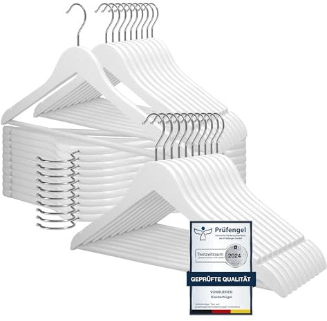 30 x Kleiderbügel Holz weiß VonBueren | 44,5 x 22 cm je Bügel/Holzbügel | Holzkleiderbügel Weiss | 360 Grad drehbar
