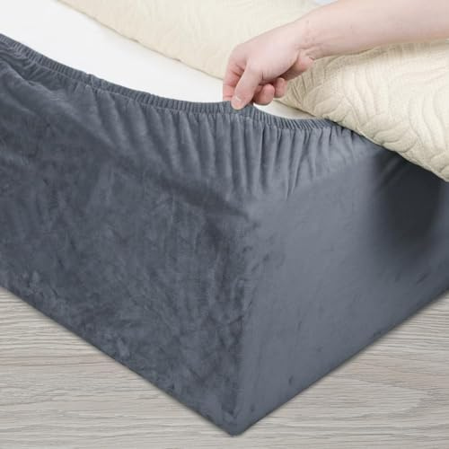DUJUIKE Stretch Samt Boxspring Abdeckung zum Umwickeln, Alternative zum Traditionellen Volant Bettrock, Einfach Anzubringen (Grau, Single Bed Width:90-100cm)