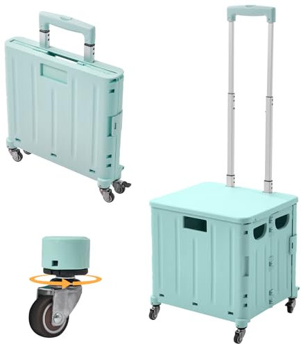 The Fellie 45L Foldable Shopping Trolley with 4 Rotate Wheels, Storage Boot Cart with Adjustable Telescopic Aluminium Handle, Portable Crate Handcart with Lid Grocery Trolley for Camping(30KG, Green)