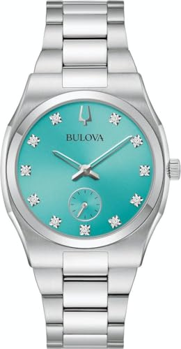Bulova Surveyor Uhr für Damen mit Zirkonia in der Farbe Silber mit Armband aus Edelstahl, Wasserdichtigkeit: 3 bar, Gehäusedurchmesser: 34 mm, 96P243