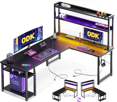 ODK Scrivania Gaming con LED, 168×120 cm Scrivania con Ripiano Reversibile, Scrivania ad L con Prese e Porte USB, Scrivania Gaming Nero con Scomparti e Spazio di Archiviazione