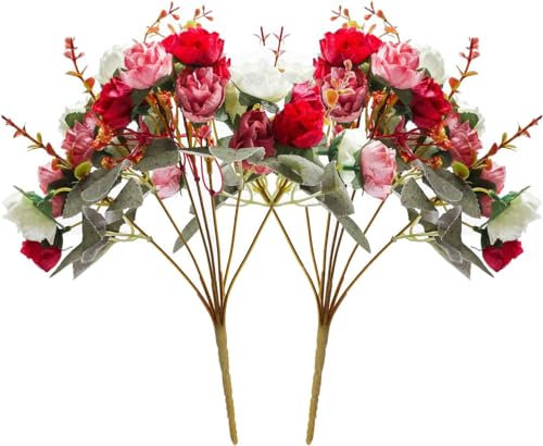 21 Köpfe Künstliche Seide Rose Blumen, 2 Bündel Künstliche Blumen Kunstblumen Deko, Kleine Blumensträuße Künstlich Kunstblumenstrauss, Realistic Plastik Blumenstrauß für Haus Party Kuchen Dekor