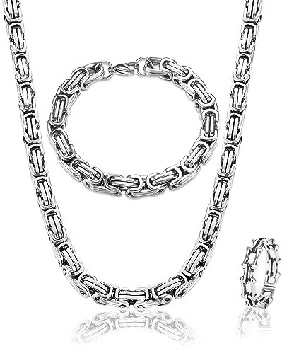 Uirheurd Königskette Herren Silber Edelstahl, 6mm Breite Halskette Armband Einstellbare Ringe Set Herren Ketten Königs Kette Byzantinische Kette Halskette Länge