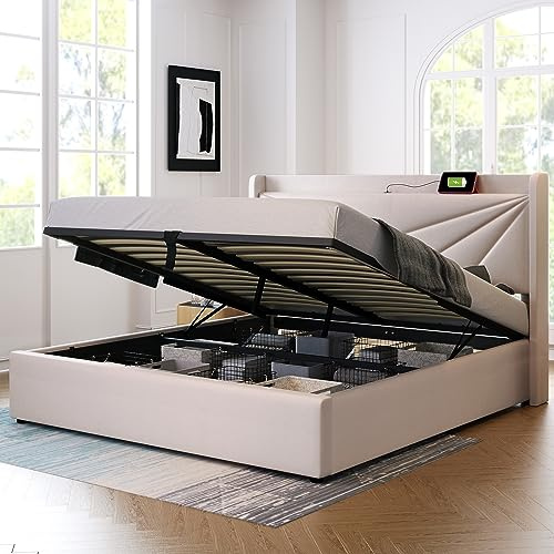 Ctastay Letto Imbottito Matrimoniale Contenitore 180x200 con Ricarica USB e Type C Testata, Struttura Letto Contenitore in Lino, Letto con Rete a Doghe,Beige(Senza Materasso)