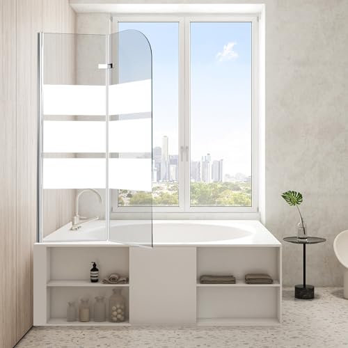 Jopassy Duschwand für Badewanne, 100x140cm 2-Teilig Faltbar Duschwand Badewanne,mit 6mm ESG Sicherheitsglas,Badewanne Duschwand weiße Streifen,Glas Badewannenwand mit Badewannenaufsatz