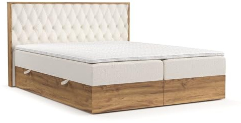 maison de reve - Boxspringbett Ukiyo 180x200 cm, mit Bettkasten, H3 Taschen Matratze (20 cm hoch), Kopfteil, PU-Topper mit Algae Bezug, Chenille-Stoff, Creme Farbe