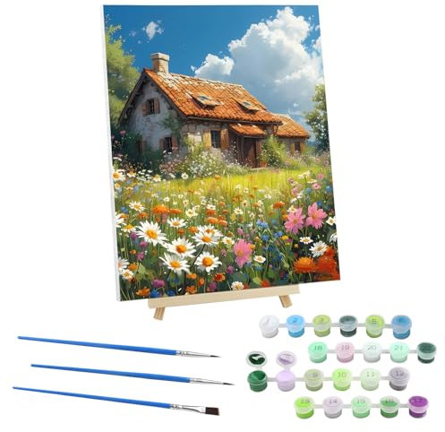 EOBROMD Peinture par Numéros pour Adulte Fleurs, DIY Peinture Acrylique pour Adultes Débutants avec Cadre en Bois et Chevalet, Modèle de Paysage Sans Plis Toile 30x40cm