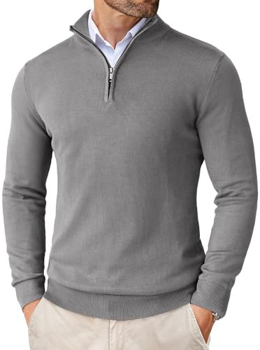 COOFANDY Men's Jumpers Quarter Zip Pullover Knitted Jumpers for Men Ribbed Polo Jumper Slim Fit Sweater Stand Collar Winter Jumper Warm Grey L