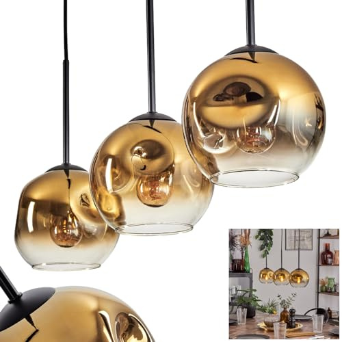 Pendelleuchte Ripoll, Pendellampe aus Metall/Glas in Schwarz/Goldfarben/Klar, Leuchte im modernen Retro/Vintage-Design mit Schirmen aus Glas (Ø 15 cm), Höhe max. 132 cm, 3 x E27, ohne Leuchtmittel