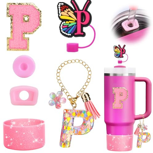 Mity rain 6-teiliges Tassen-Zubehör-Set für Stanley-Becher, 850 ml, 1134 ml, Tumbler-Initialen-Dekorationen für Stanley, inklusive Silikon-Trinkhalm-Abdeckkappe und Kofferraum, auslaufsicherer