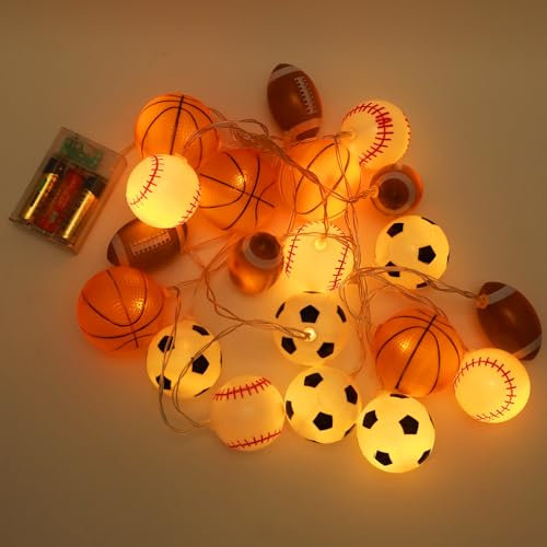 YUNYODA Fußball Lichterketten Terrasse Deko 3M/9,8 FT, 20-LED Batteriebetriebene Lichterkette Dekoration, Fußball/Baseball Sportball Lichterketten für Weihnachten, Kinderzimmer, Innen Deko, Warmweiß