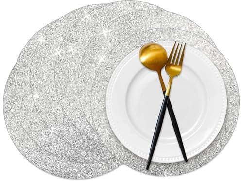 Baoswi 20 Stück Silberne Glitzer-Platzsets, 33 cm Durchmesser, runde Tischsets, Silberne Pailletten-Deckchen, dekorative Tischsets für Esstisch, Hochzeit, Geburtstag, Party, Urlaub, Heimdekoration