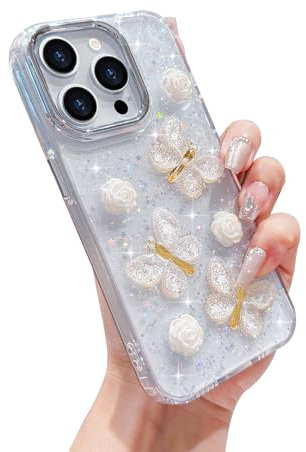 L-FADNUT for iPhone 14 Pro Max Case for Girls Women,Luxury 3D Butterfly Floral with Pretty Sparkle Glitter Design,Clear Cute Shockproof Cover Protective Bumper Phone Case for iPhone 14 Pro Max