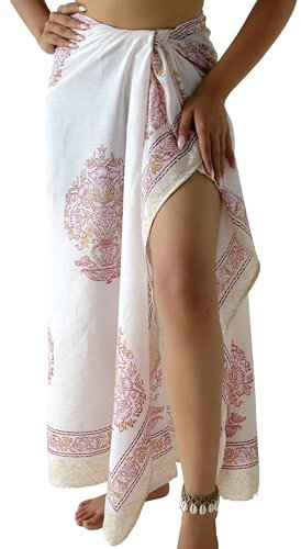 THE ART BOX Paréo 100% Coton pour Femme, imprimé Main Indienne, paréo, Cache-Maillot de Bain Long (185,4 x 109,2 cm), Rose avec Jaune, Taille Unique