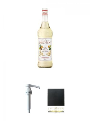 Monin weiße Schokolade 1,0 Liter + Monin Dosier Pumpe für 1,0 Literflasche + Schiefer Glasuntersetzer eckig ca. 9,5 cm Durchmesser