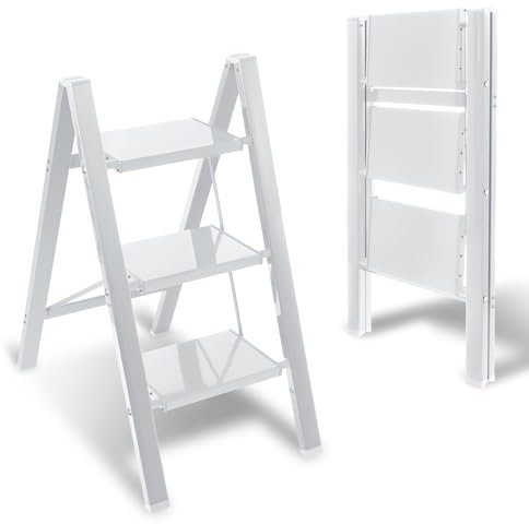 Yakimz Escalera de Aluminio Plegable de 3 Peldaños, Antideslizante, Soporta hasta 150 kg, Blanco