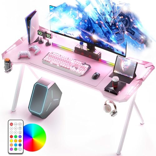 Dowinx Gaming Tisch mit LED, RGB Gaming Computertisch mit Kohlefaser-Oberfläche, LED Gaming Schreibtisch mit Fernbedienung, Gamingtisch mit Tassenhalter und Kopfhörerhaken, 120cm, rosa