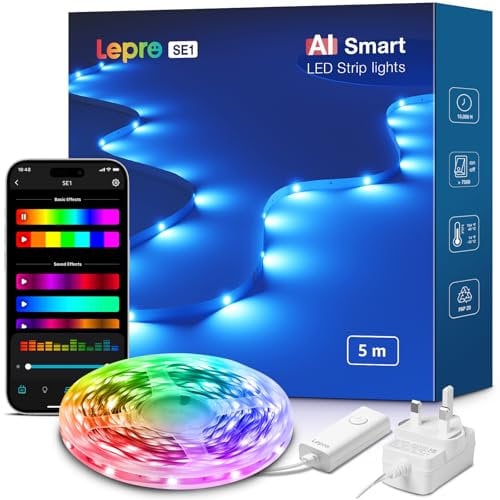 Lepro SE1 AI Smart LED Strip Light 5M RGB, Works with Alexa & Google Assistant, Music Sync, Colour Changing RGB Lights, Personalized AI Lighting Designer, Bluetooth & 2.4GHz WiFi, App Voice Control