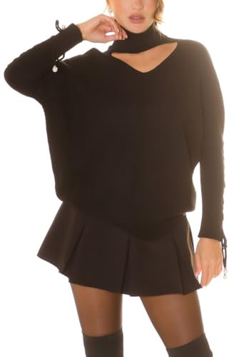Koucla Turtleneck Jumper Rollkragen Pulli Oversize Rippstrick Pullover Strickpullover mit V-Cutouts Deko Perlen und Ärmel Schnürung