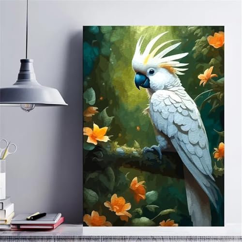 Peinture Numero Adulte,Perroquet blanc de la jungle Peinture par Numéros Kits,avec Cadre Bricolage Peinture à l'huile sur Toile pour Adultes Enfants Paint by Numbers Cadeaux pour Maison Décor 30x40 cm