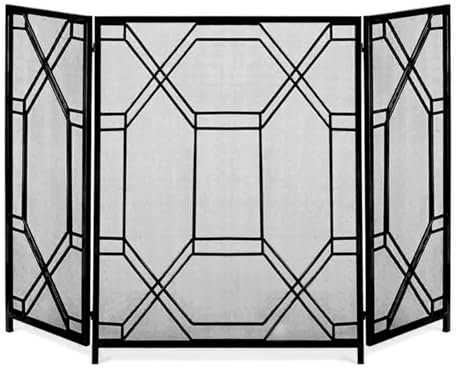 DUBTEDHOU Klappbare Metall-Feuerschutzwand, Feuerschutzwand, 3-Platten-Kamingitter aus Metall, faltbar, Funkenschutz for drinnen und draußen, Kaminzaun mit Maschenmuster, Schwarz