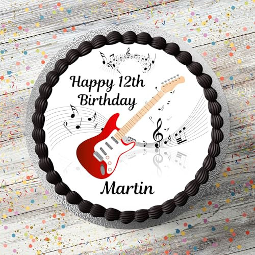 Electric Guitar Music Notes Happy Birthday Personalised 7.5 Inch Edible Icing Cake Topper Decoration
