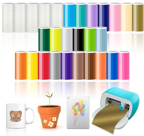 Lot de 28 films adhésifs permanents en vinyle intelligent pour Cricut Joy, Smart Adhesive Vinyle permanent avec film de transfert 14 x 30,5 cm Film traceur autocollant pour bricolage tasses, voiture,